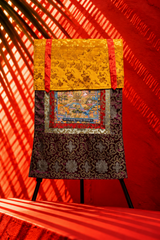 Traditional Tibetan Buddhist Thangka Tapestry with Ornate Brocade