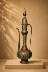 Vintage Kashmiri Etched Brass Aftaba / Enamelled Surahi Pitcher