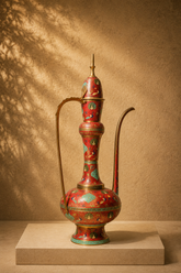 Vintage Indian Etched Red and Turquoise Enamel Brass Aftaba