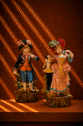 Pair of Antique Bohemian/German Majolica Incroyable and Merveilleuse Figurines