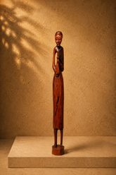 Vintage African Tribal Woman with Water Gourd Hand-Carved Wood Sculpture