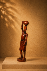 Vintage African Tribal Woman Carrying Water Pot Hand-Carved Wood Sculpture