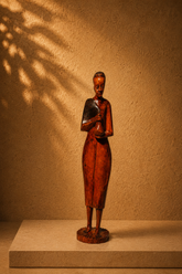Vintage African Tribal Figure Holding a Water Gourd Hand-Carved Wood Sculpture