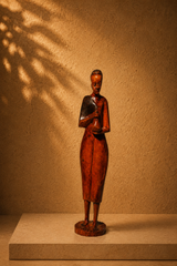Vintage African Tribal Figure Holding a Water Gourd Hand-Carved Wood Sculpture