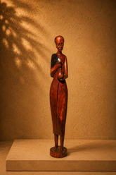 Vintage African Tribal Elder Holding a Water Gourd Hand-Carved Wood Sculpture