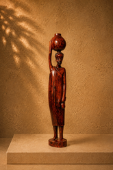 Vintage African Tribal Man Carrying Water Vessel Hand-Carved Wood Sculpture