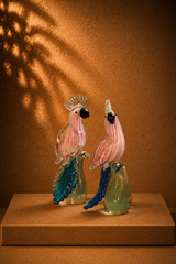 Pair of Murano Style Hand-Blown Cockatoo Parrot Glass Sculptures