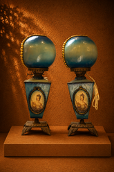 Pair of Antique Victorian Queen Victoria Portrait Banquet Lamps