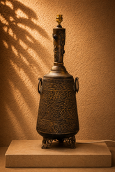 Antique Indo-Persian Carved Brass Urn Table Lamp (brass outside inside wood)