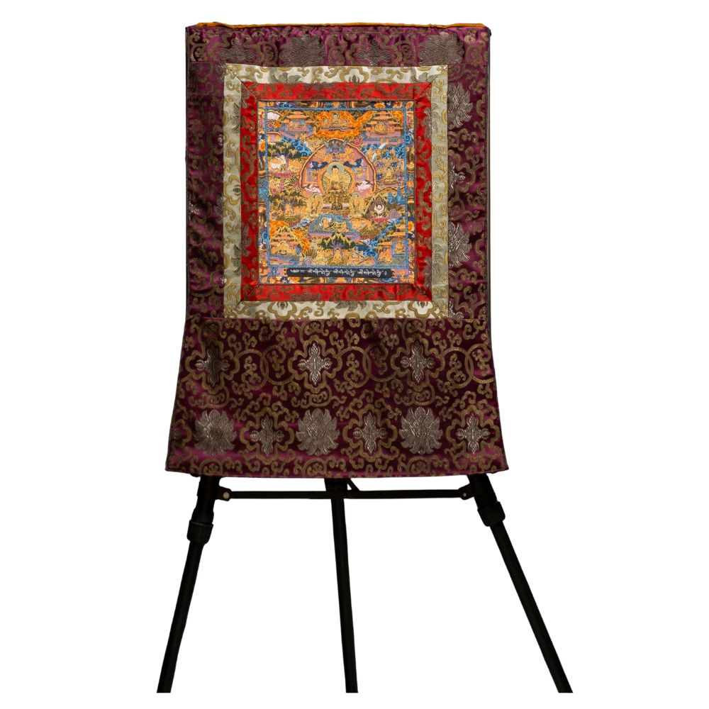 Traditional Tibetan Buddhist Thangka Tapestry with Ornate Brocade
