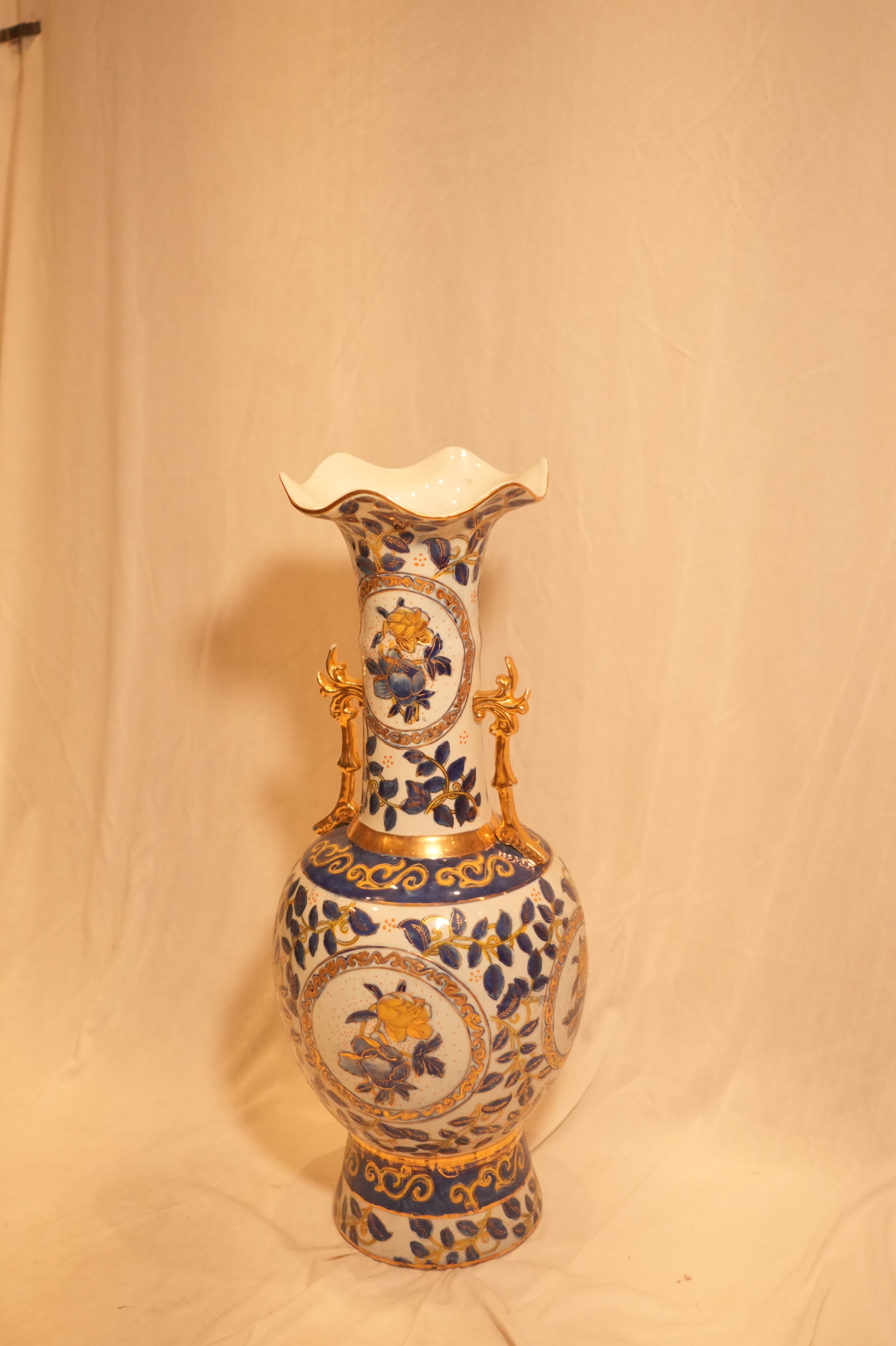 Chinese Export Floral Baluster Vase with Dragon Handles