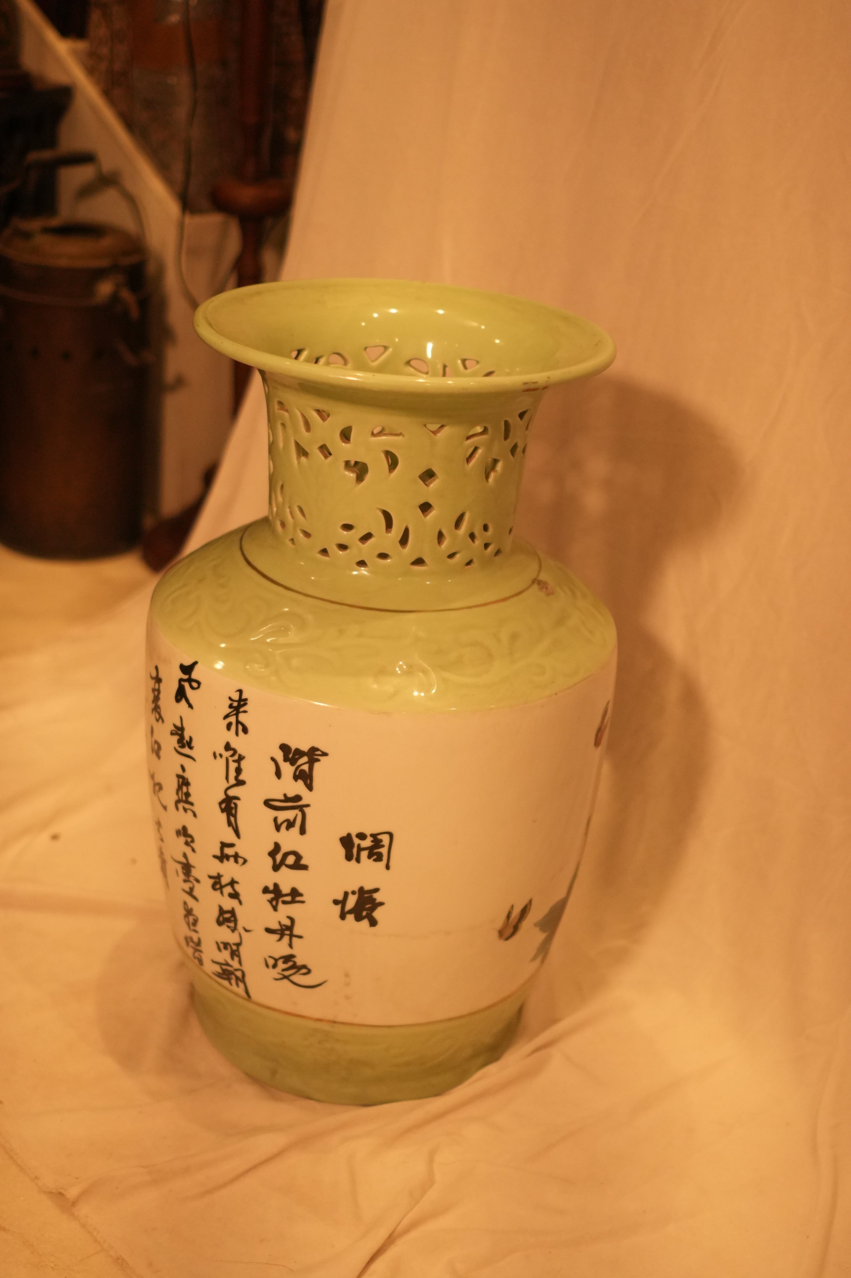 Chinese Celadon Openwork Jiang Taigong Vase