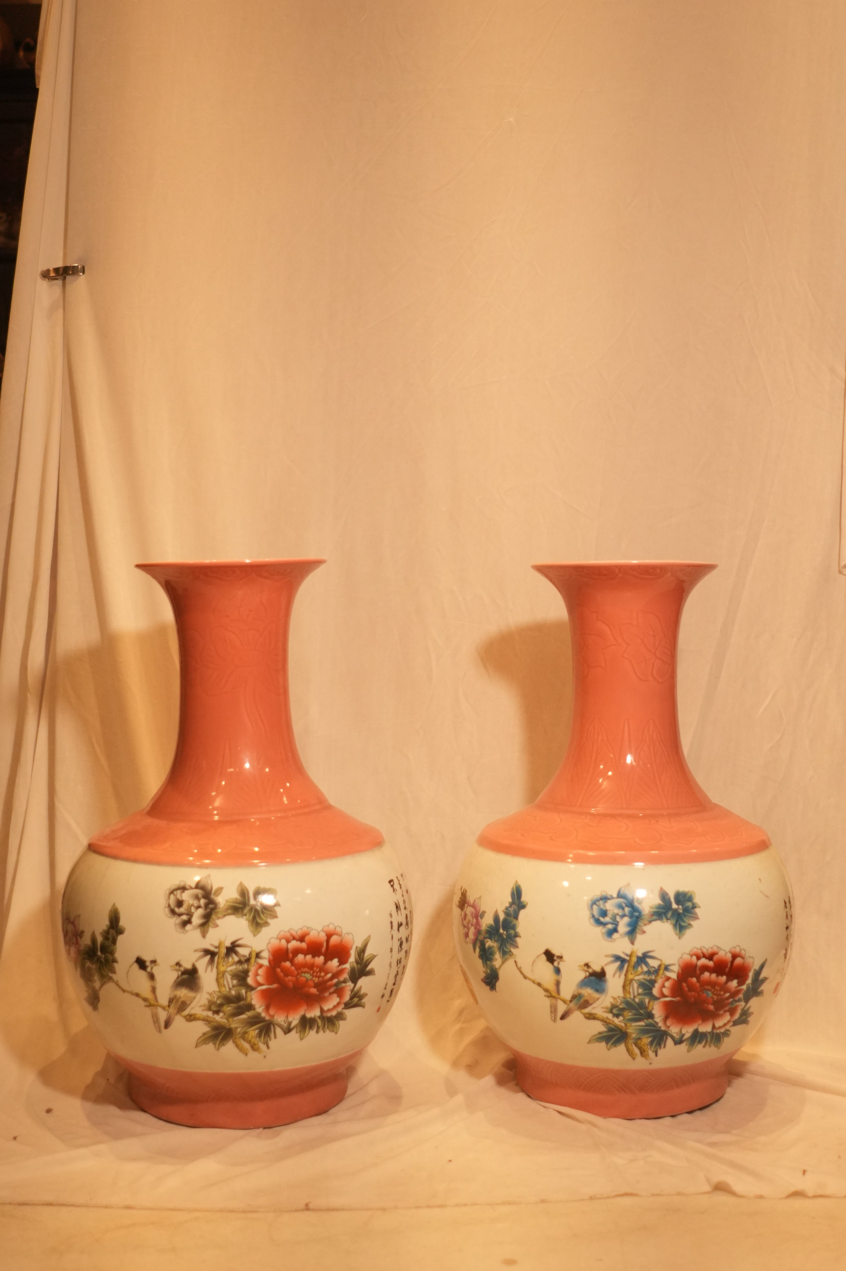 Chinese Bird & Peony Porcelain Vase Set