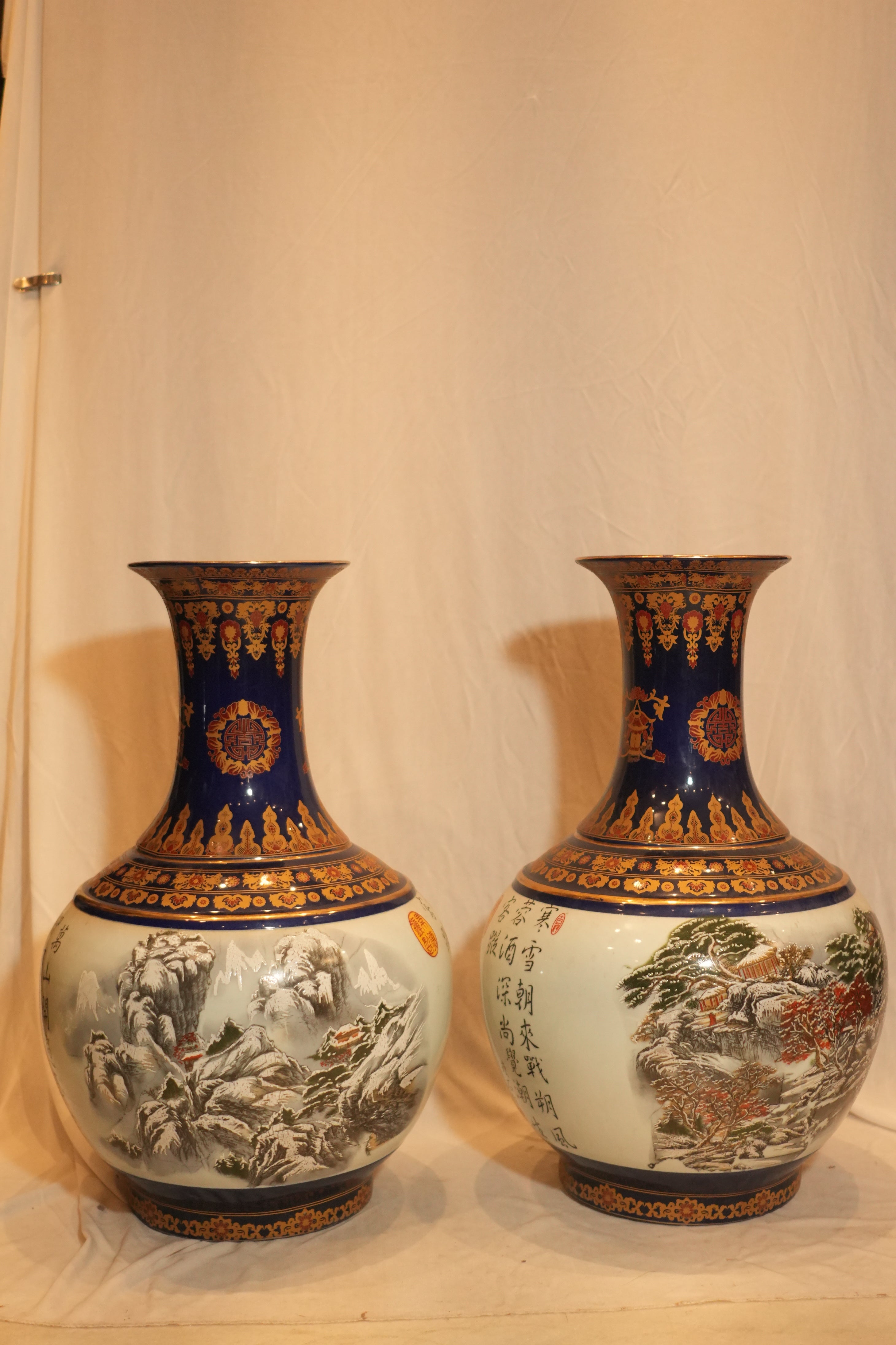 Chinese Winter Landscape Trumpet Vase Set