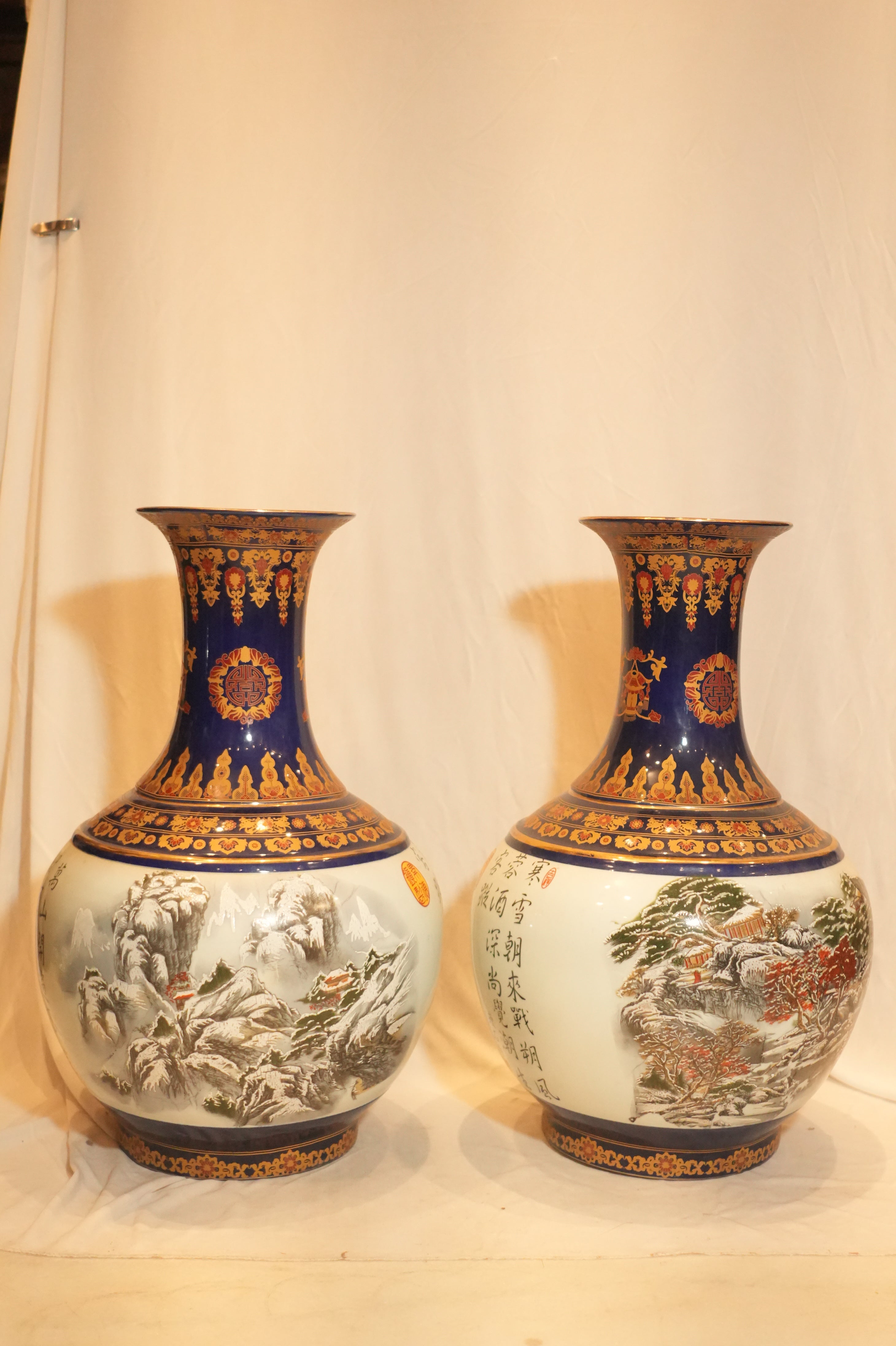 Chinese Winter Landscape Trumpet Vase Set
