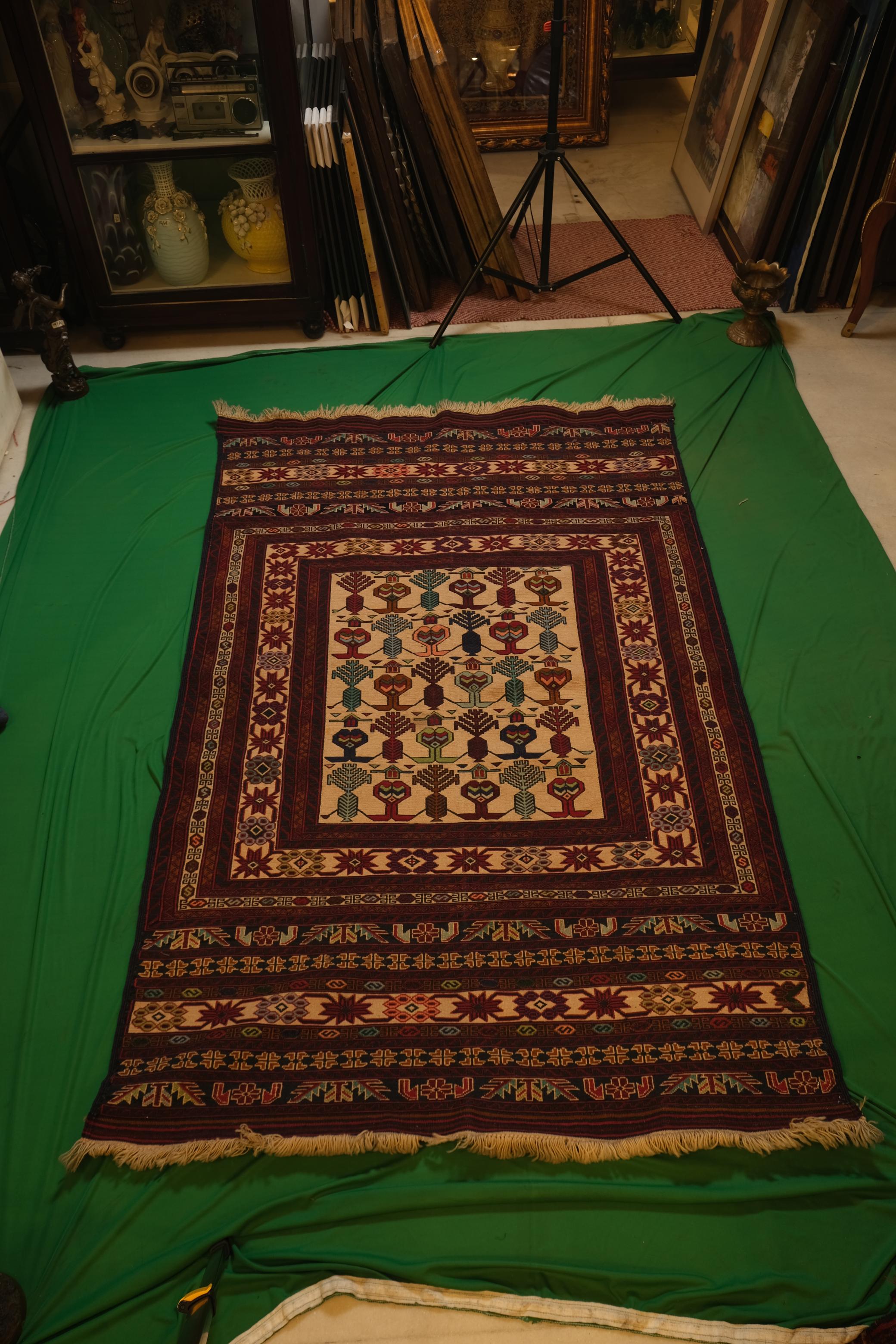 Hand-Knotted Afgani Kilim Qashqai Kelim Runner Scroll