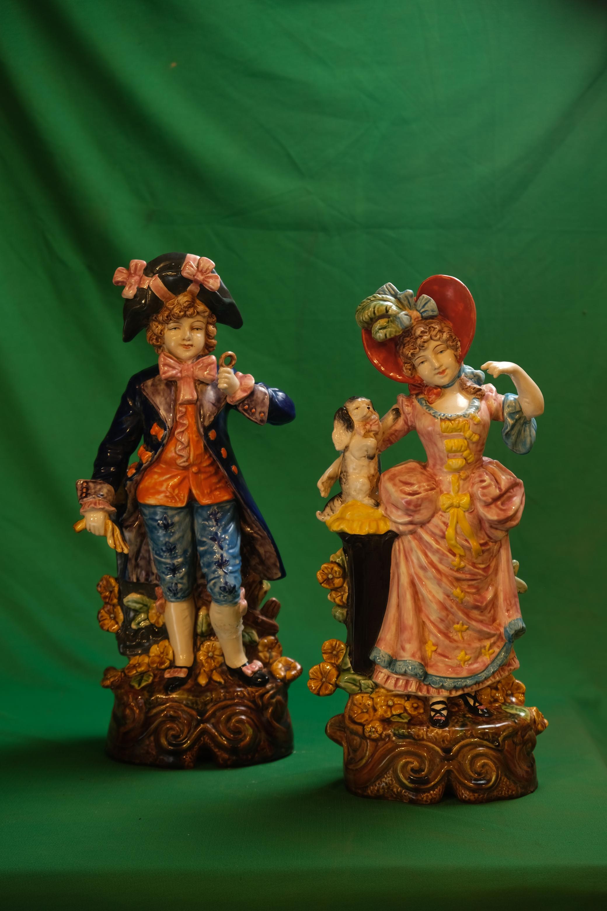 Pair of Antique Bohemian/German Majolica Incroyable and Merveilleuse Figurines