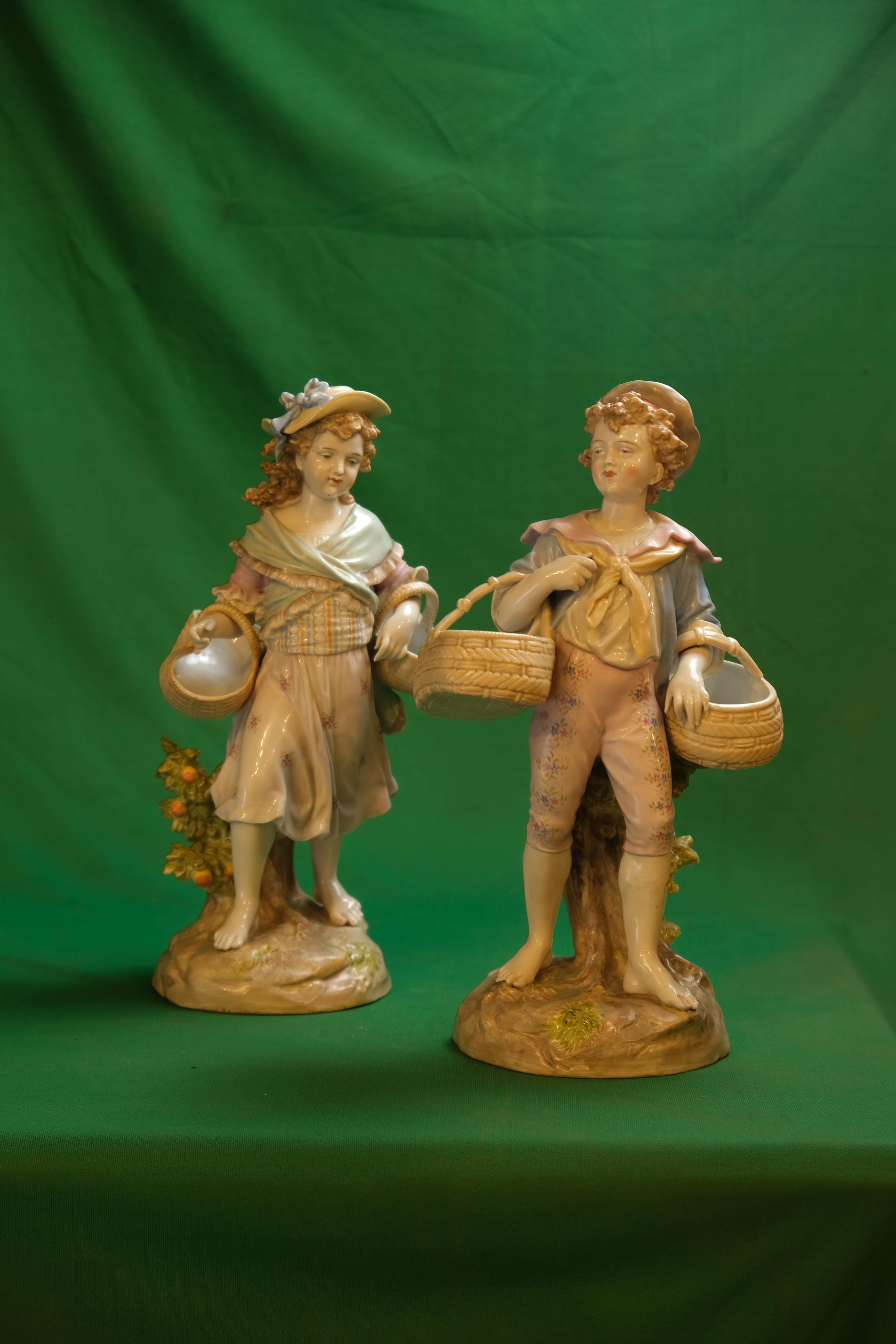 Pair of Antique Gebrüder Heubach Bisque Porcelain Pastoral Children Figurines