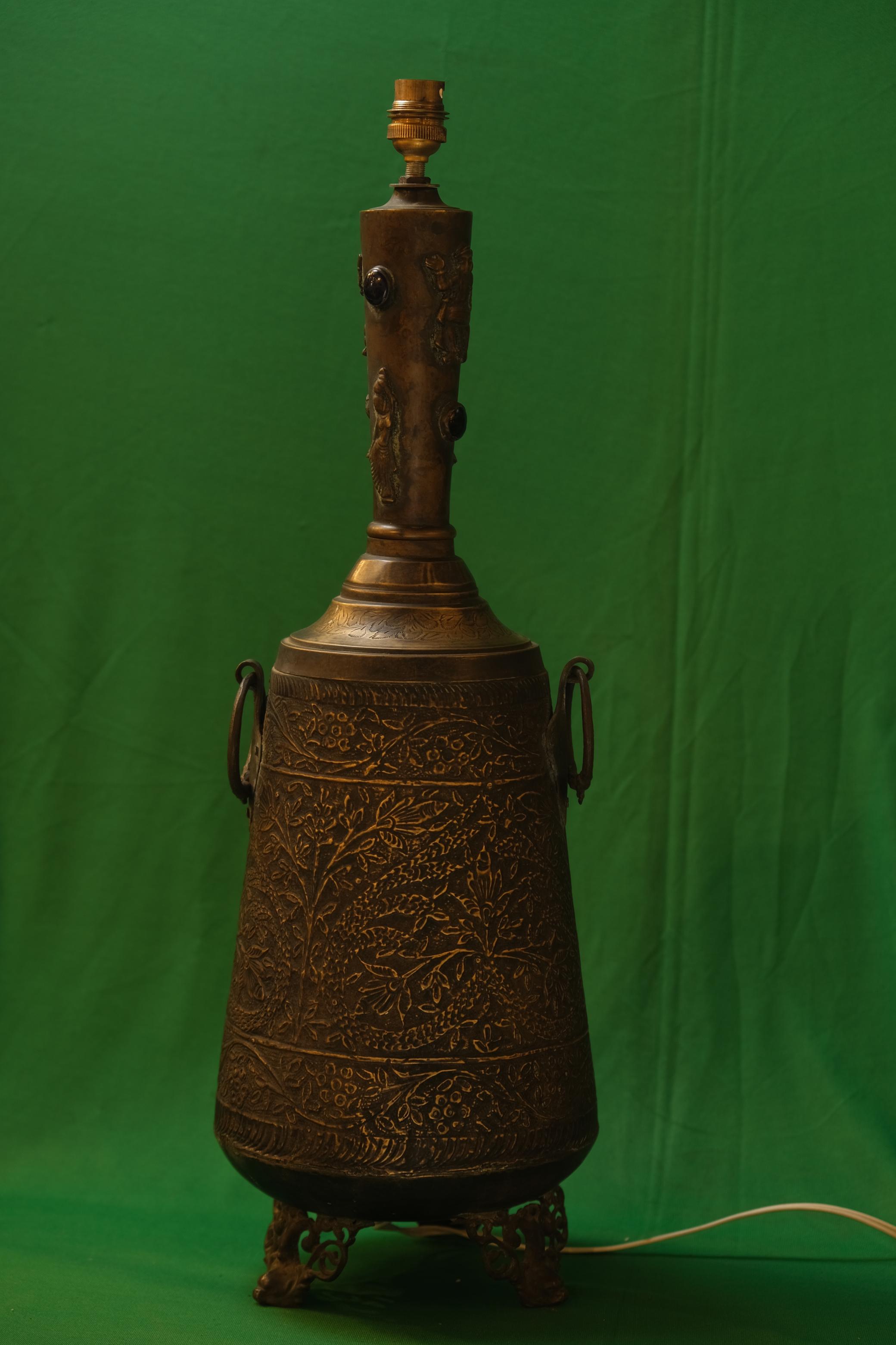 Antique Indo-Persian Carved Brass Urn Table Lamp (brass outside inside wood)