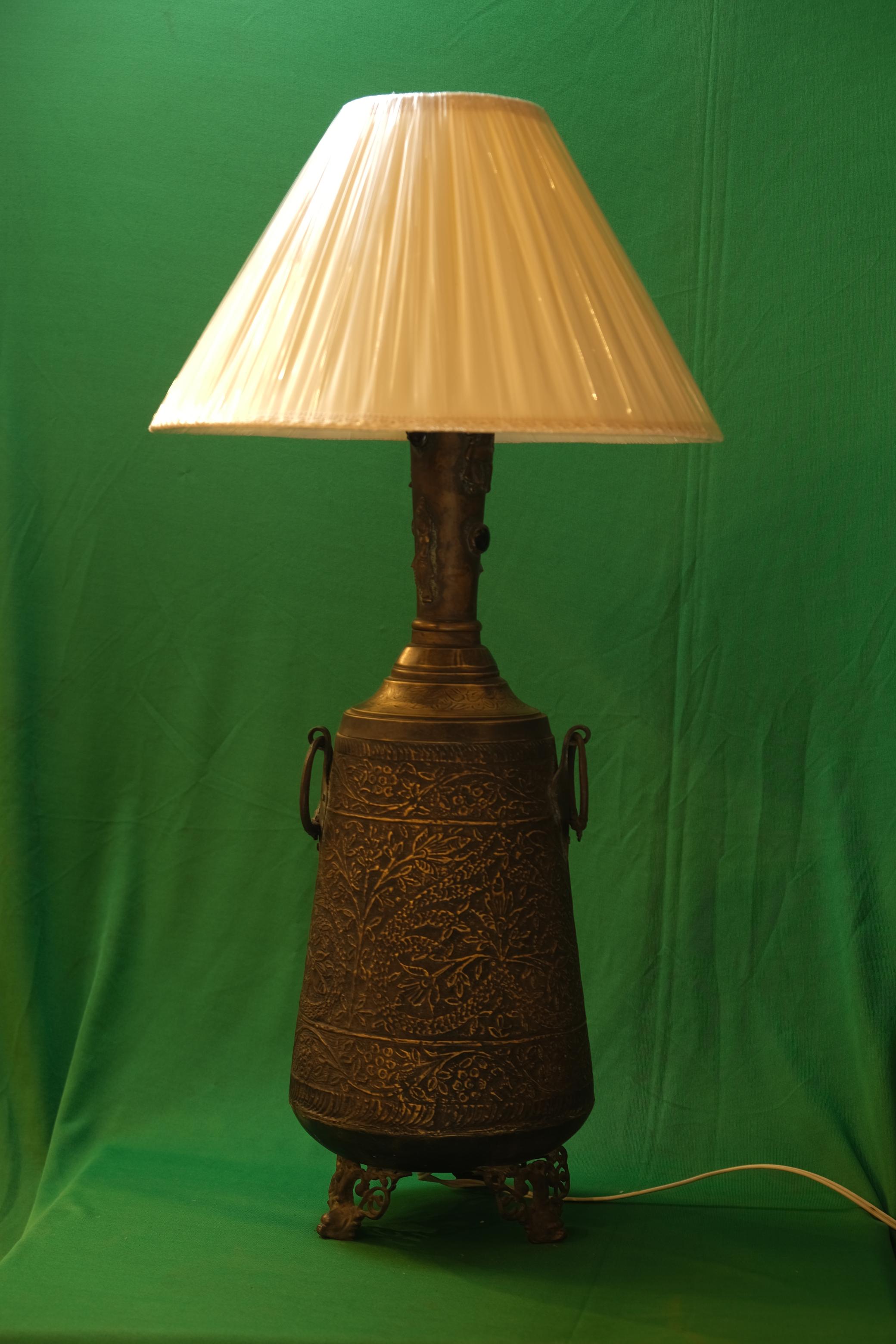 Antique Indo-Persian Carved Brass Urn Table Lamp (brass outside inside wood)