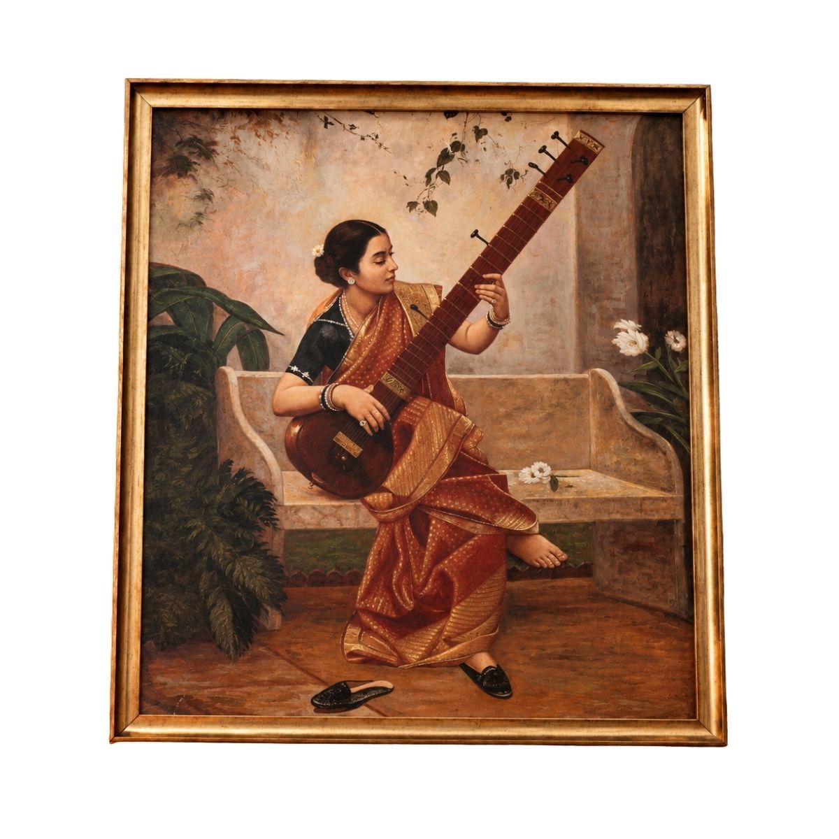 Vintage Indian Classical Painting of a Woman Playing Sitar