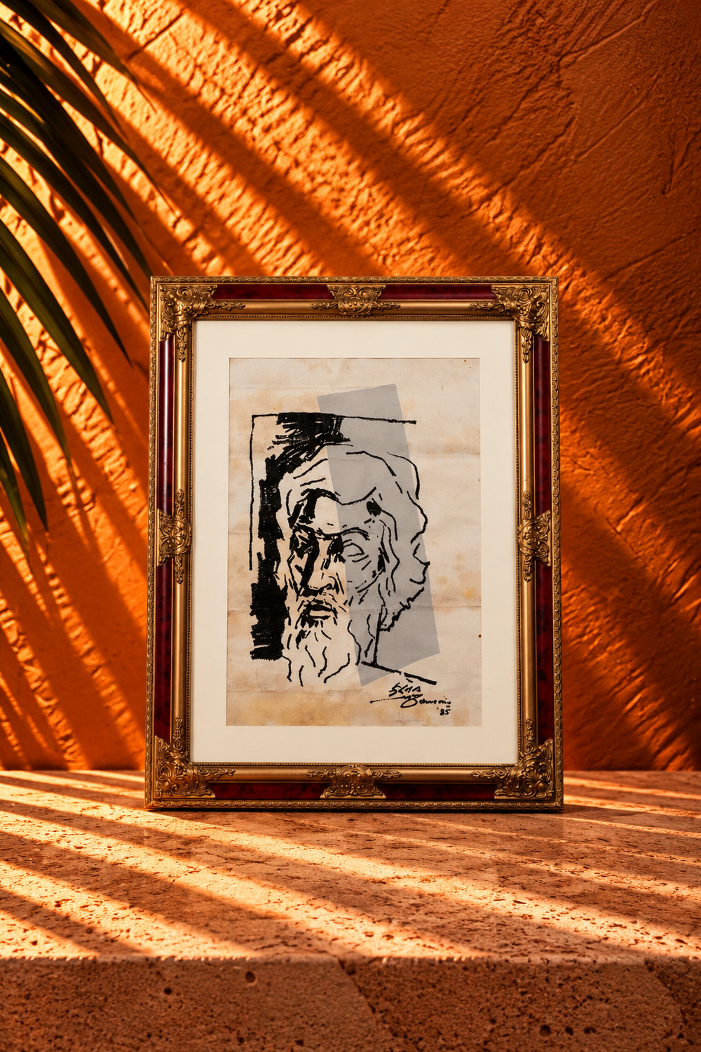 Vintage Monochrome Portrait Sketch in Ornate Gold and Burgundy Frame