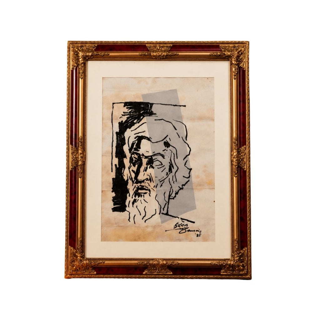 Vintage Monochrome Portrait Sketch in Ornate Gold and Burgundy Frame