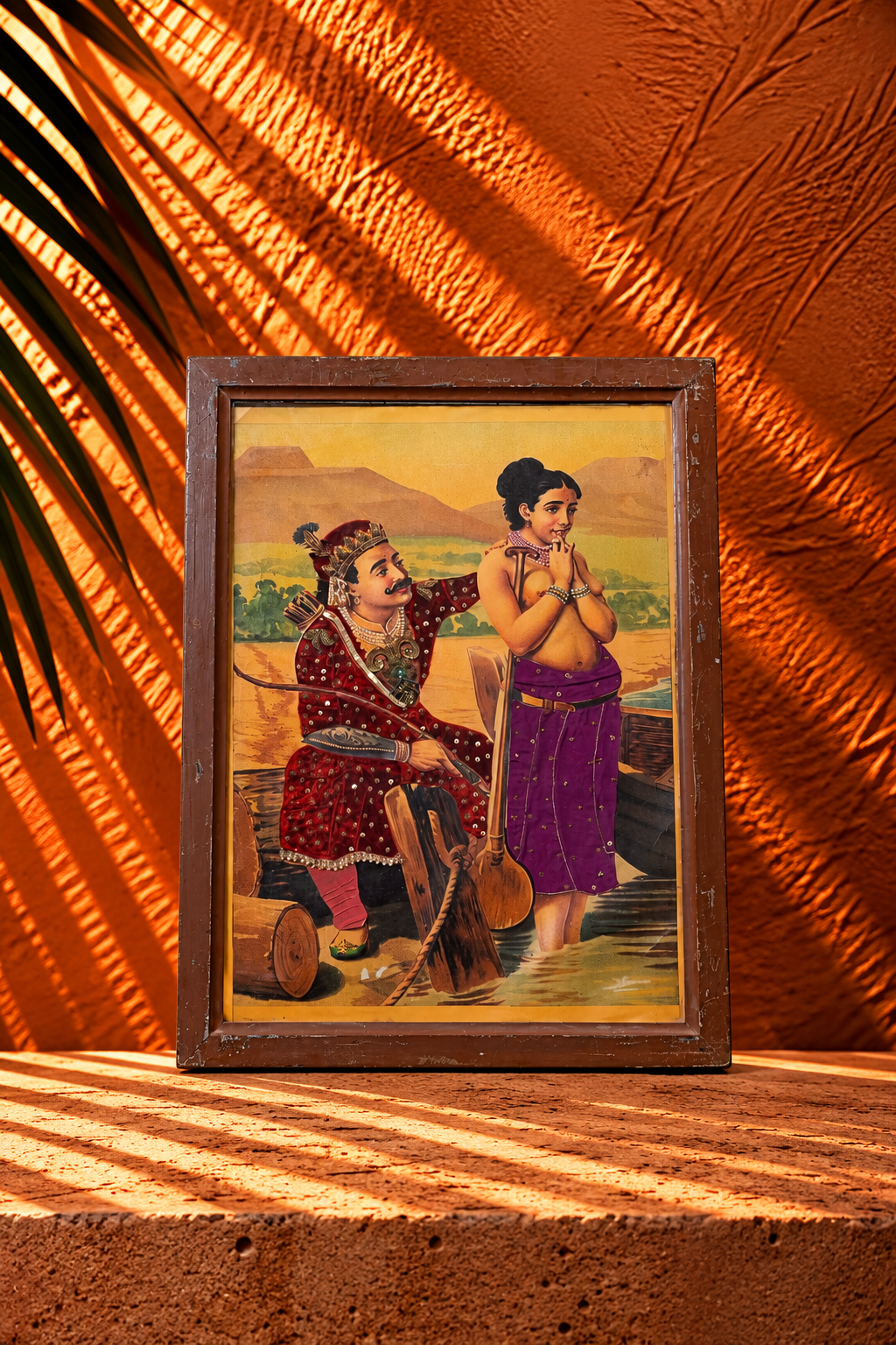 Vintage Indian Royal Court Painting in Rustic Wooden Frame