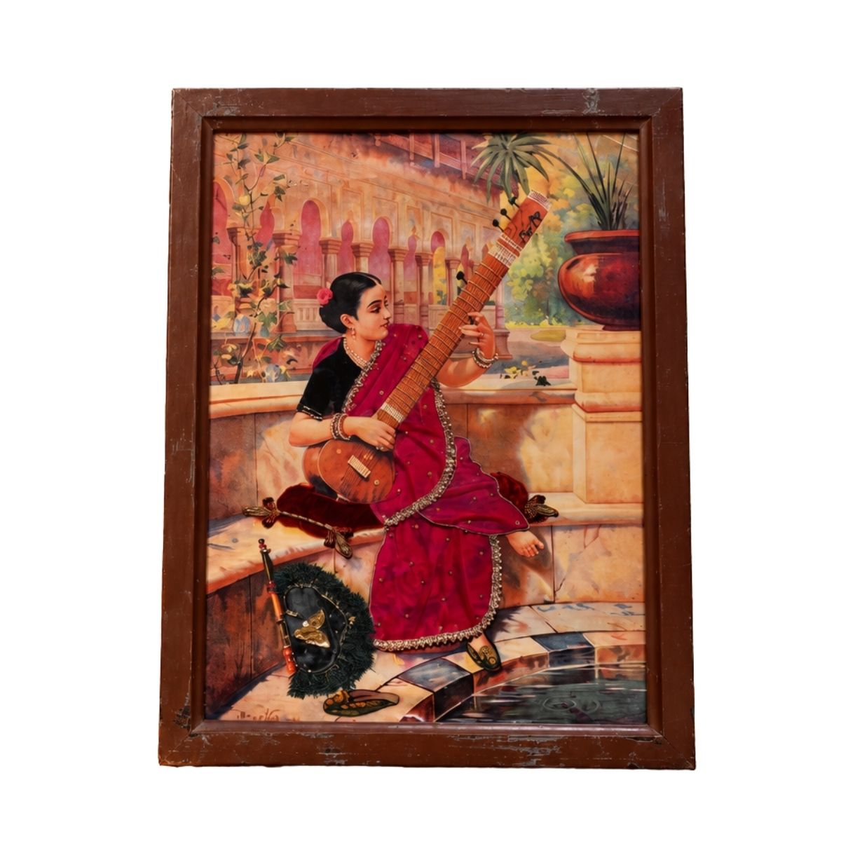Vintage Indian Classical Painting of a Woman Playing Veena in a Palace Courtyard