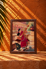 Vintage Indian Classical Painting of a Woman Playing Veena in a Palace Courtyard