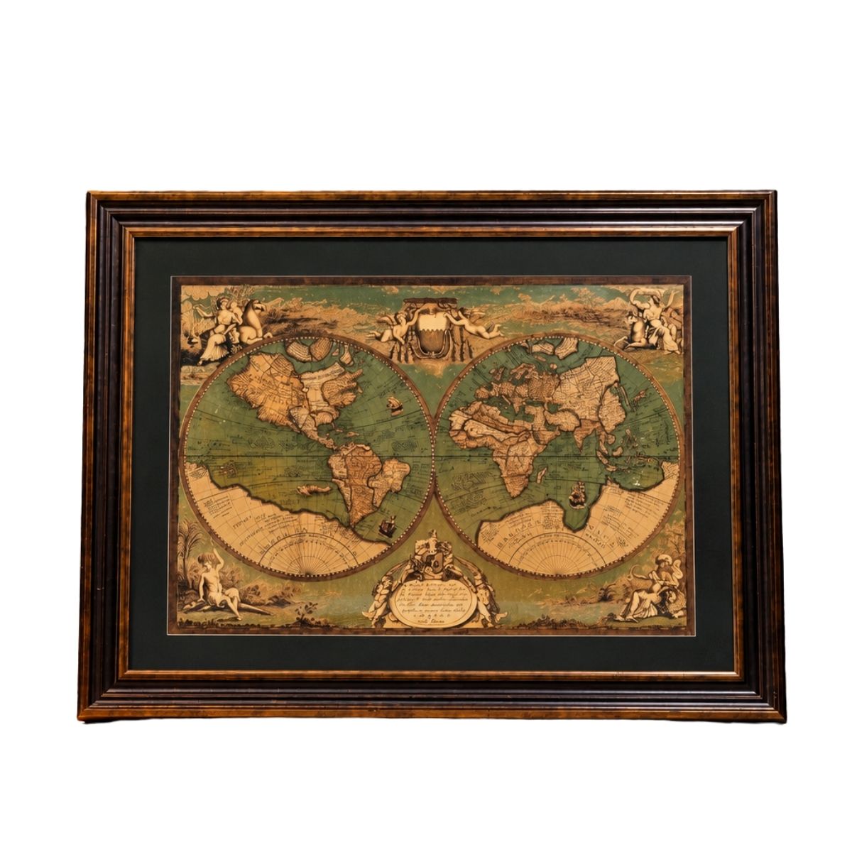 Vintage Antique-Style Double Hemisphere World Map in Ornate Wooden Frame