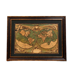 Vintage Antique-Style Double Hemisphere World Map in Ornate Wooden Frame