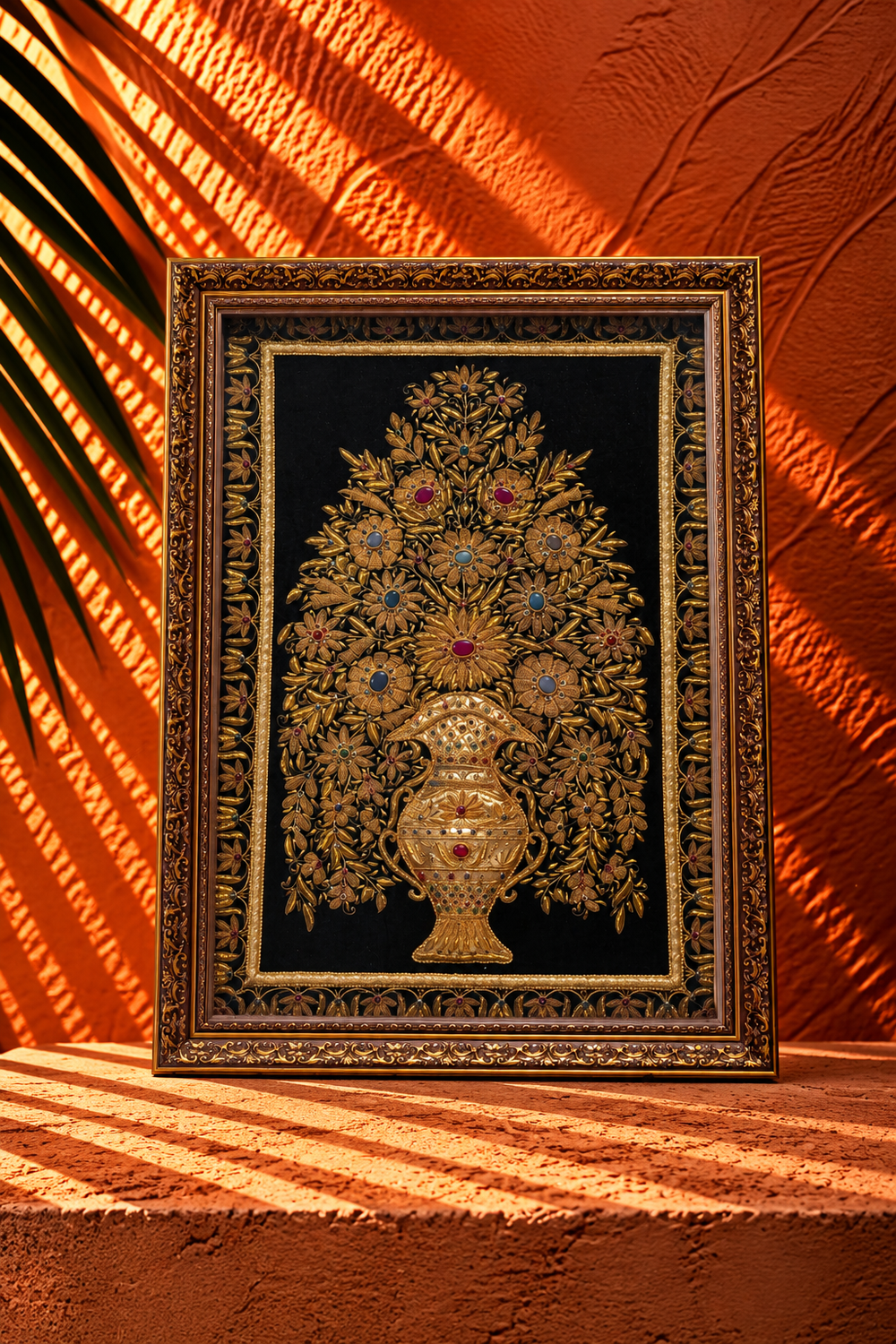 Ornate Golden Floral Tree Artwork with Jeweled Detailing in Decorative Frame