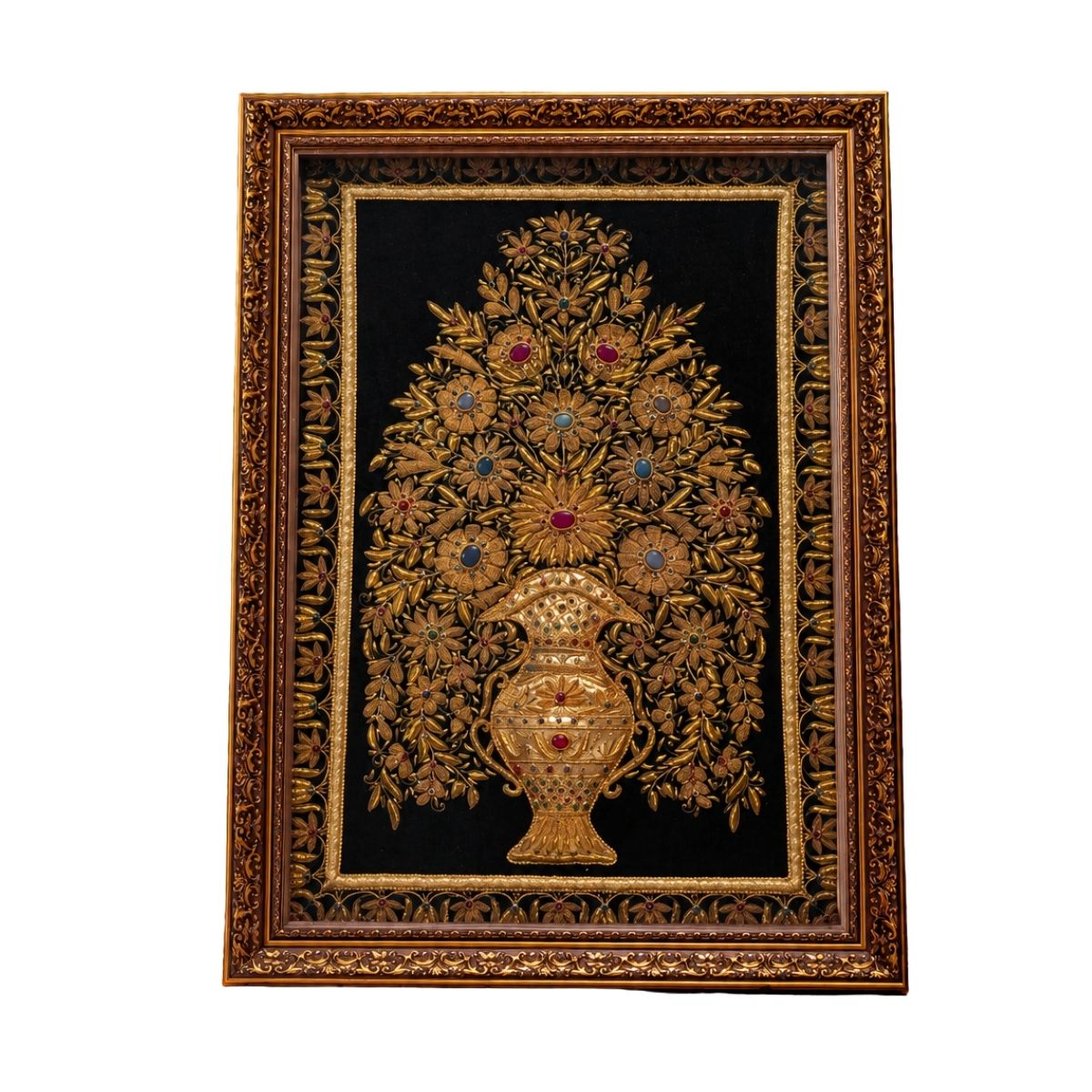 Ornate Golden Floral Tree Artwork with Jeweled Detailing in Decorative Frame