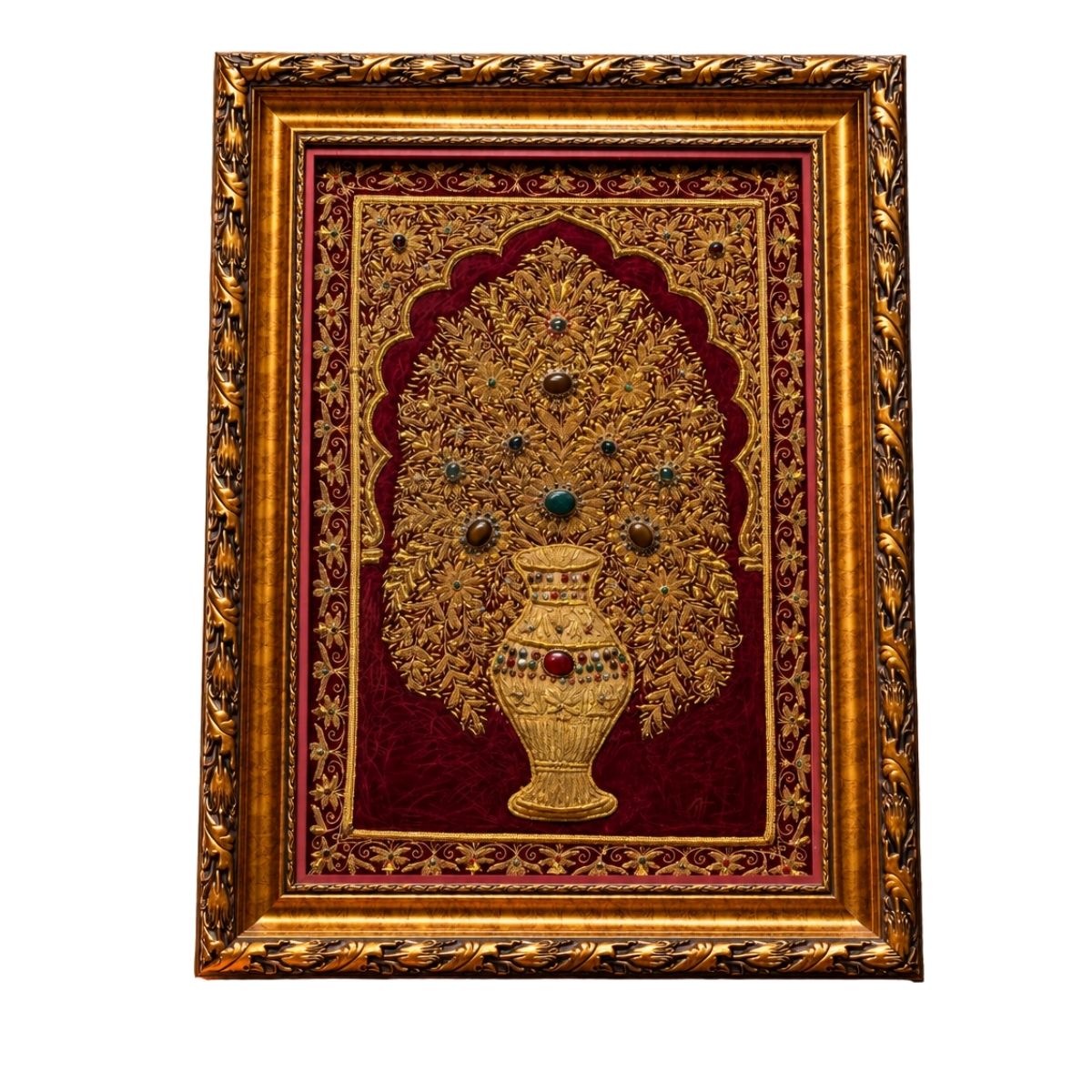 Ornate Golden Floral Tree Artwork on Burgundy Background in Decorative Gold Frame