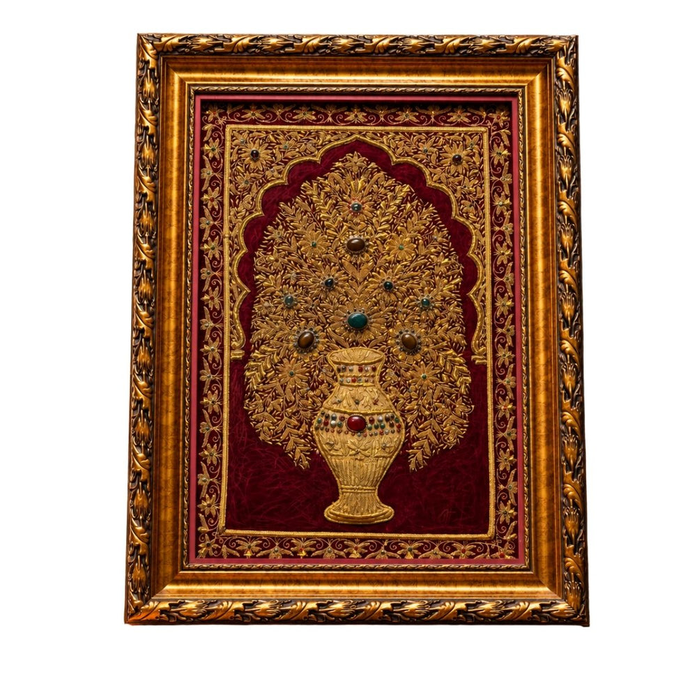 Ornate Golden Floral Tree Artwork on Burgundy Background in Decorative Gold Frame