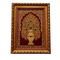Ornate Golden Floral Tree Artwork on Burgundy Background in Decorative Gold Frame