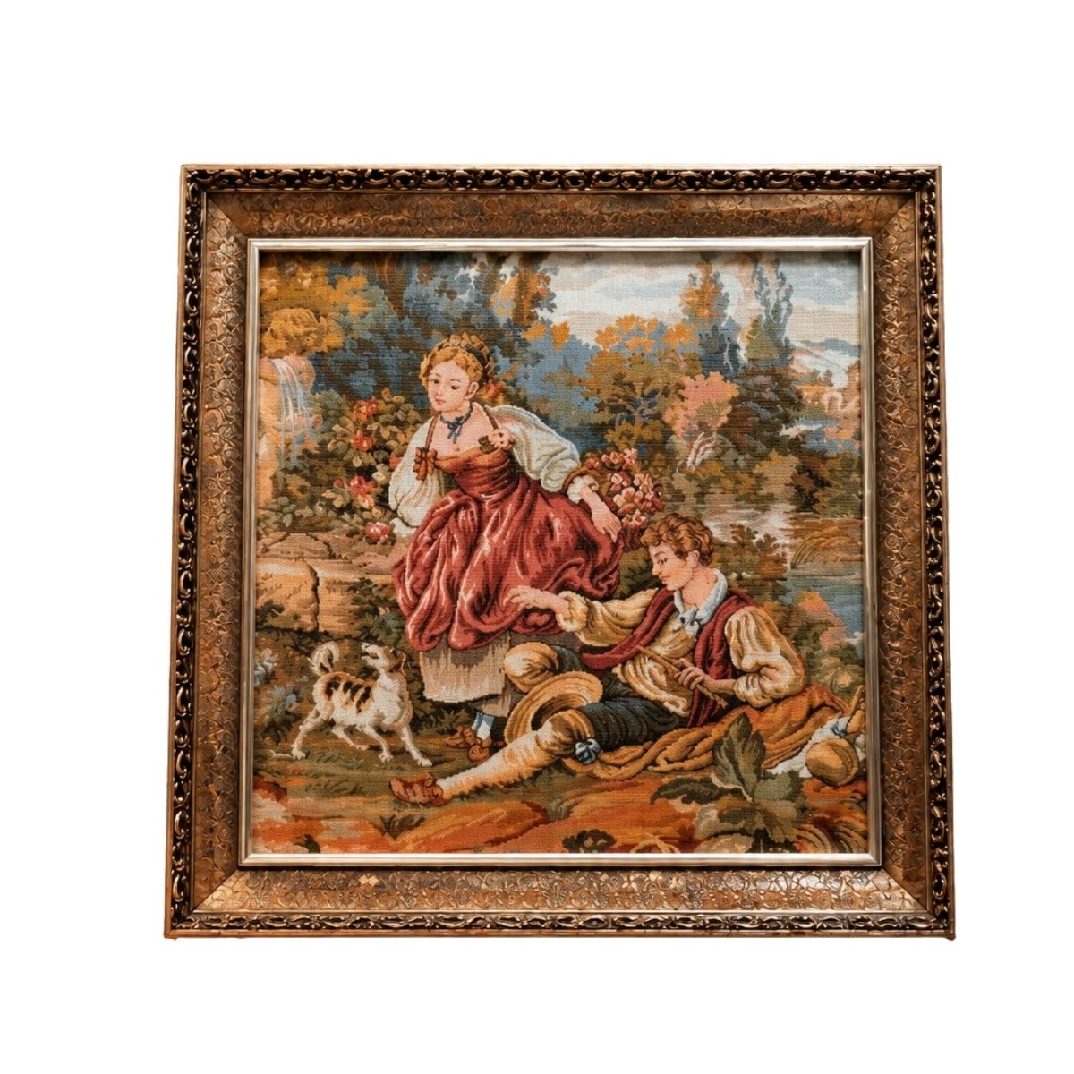 Vintage European Tapestry Artwork with Ornate Silver Frame