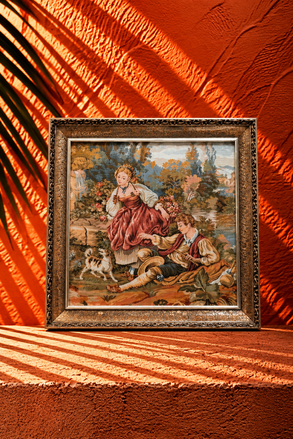 Vintage European Tapestry Artwork with Ornate Silver Frame