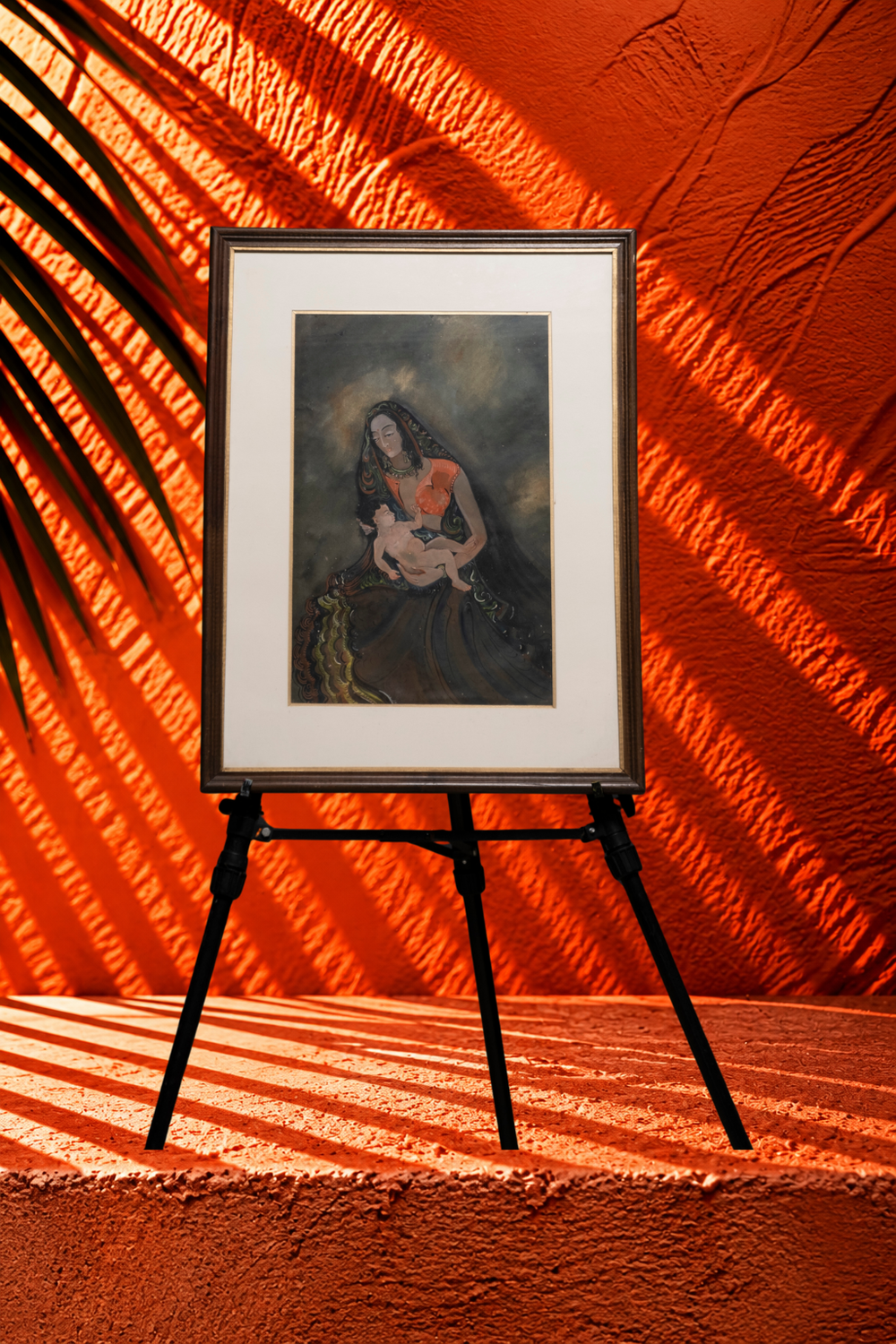 Vintage Indian Figurative Artwork – Mother and Child in Traditional Attire