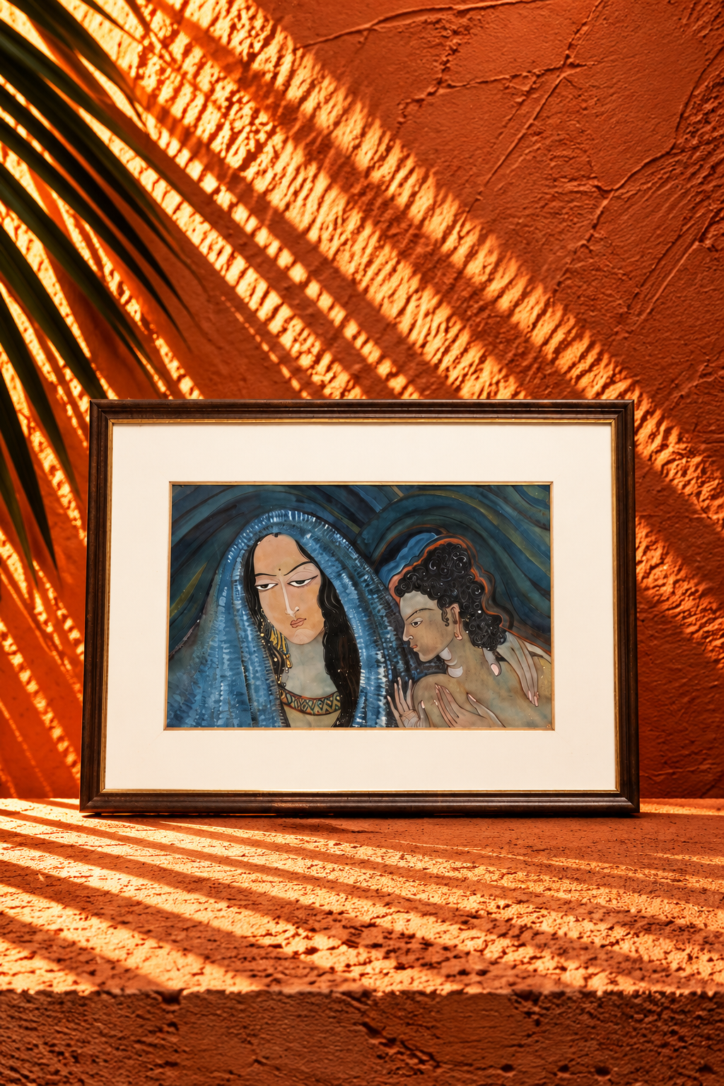 Vintage Indian Figurative Painting of a Woman and Child in an Ornate Wooden Frame