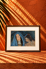 Vintage Indian Figurative Painting of a Woman and Child in an Ornate Wooden Frame