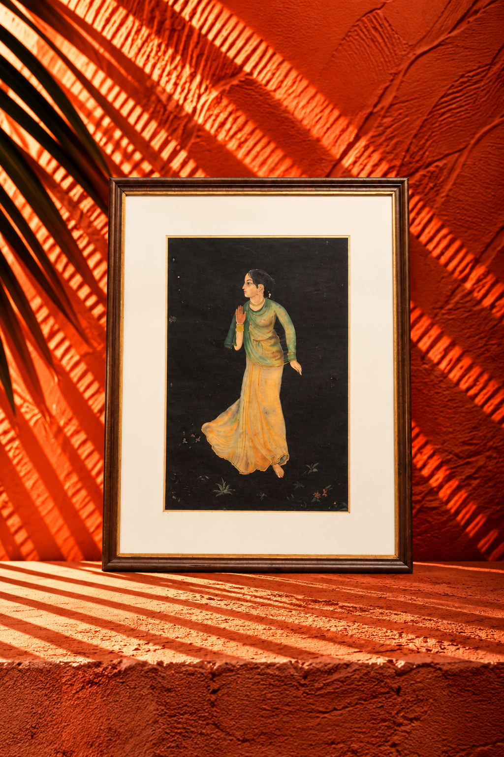 Vintage Framed Indian Painting of a Woman in Traditional Attire