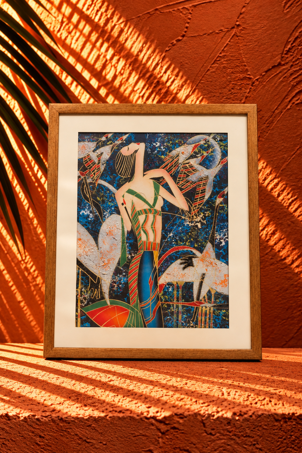 Abstract Indian Figurative Painting with Birds – Wooden Framed Artwork