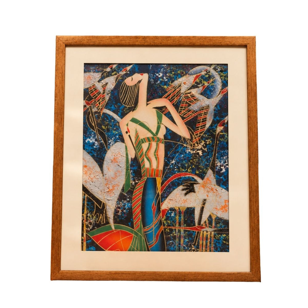 Abstract Indian Figurative Painting with Birds – Wooden Framed Artwork