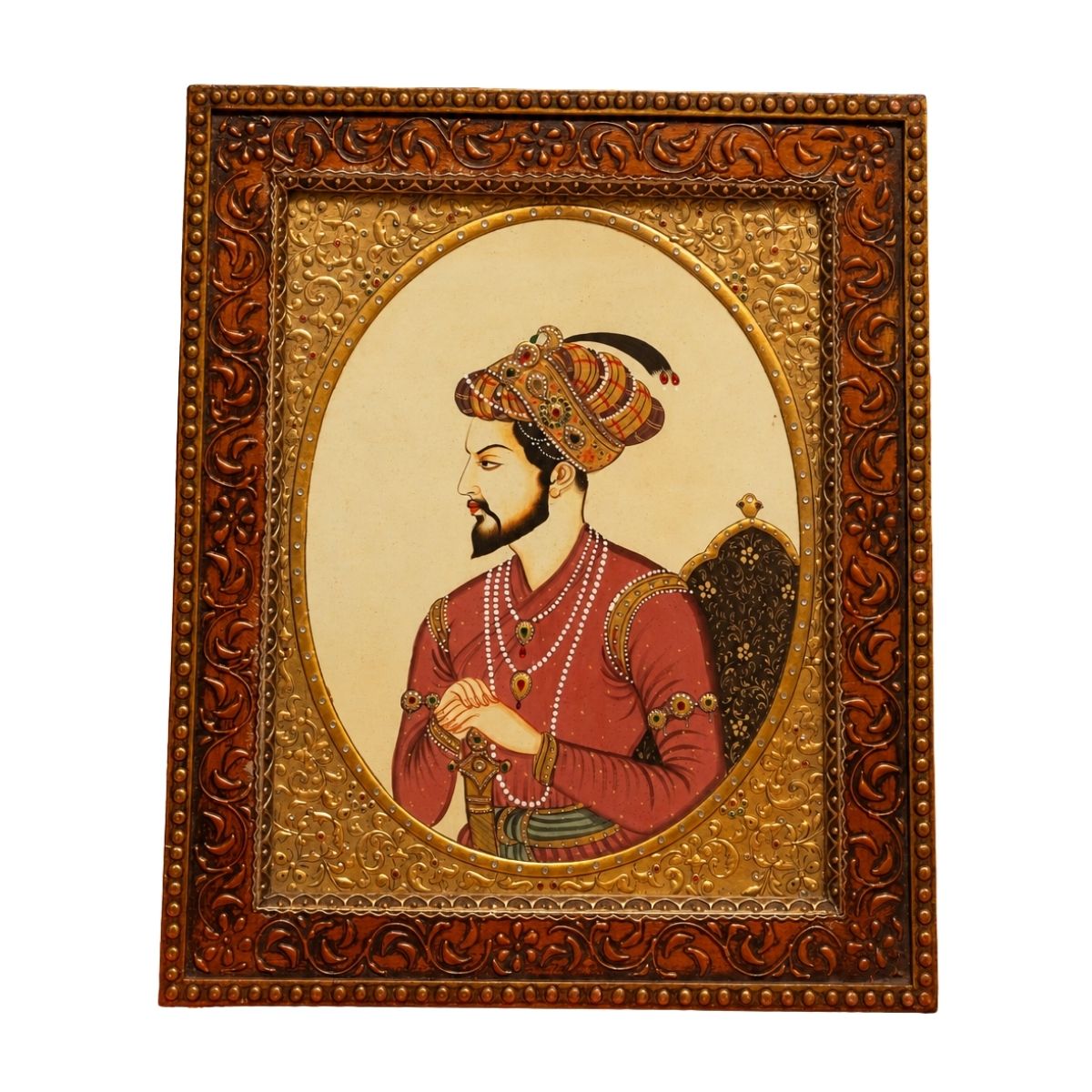 Vintage Mughal-Style Portrait of a Royal Nobleman in Ornate Frame