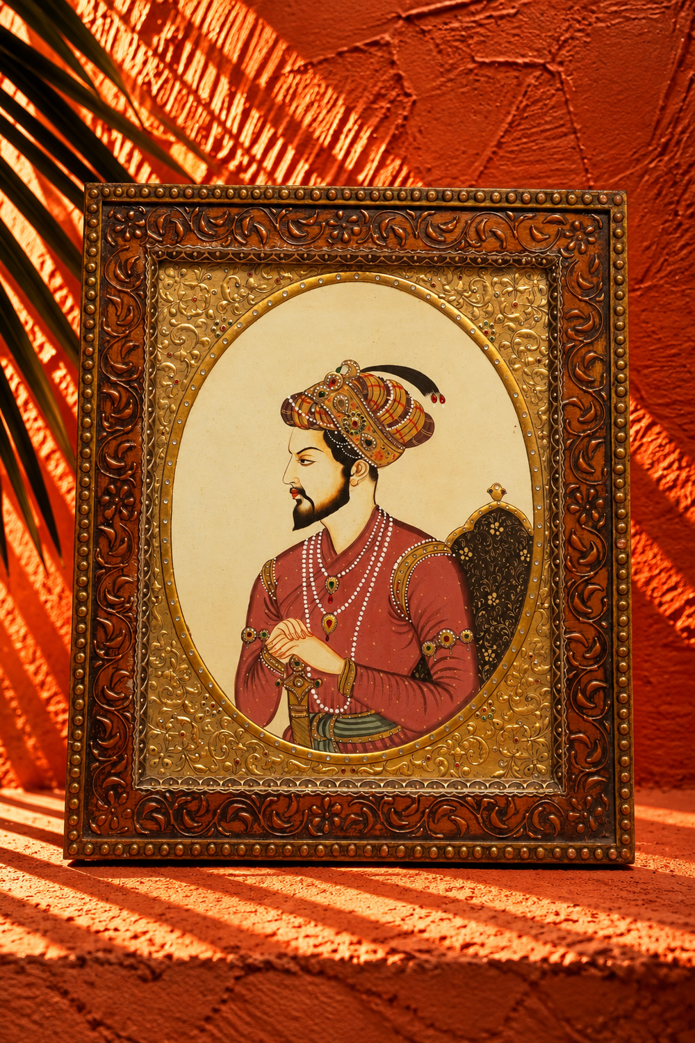 Vintage Mughal-Style Portrait of a Royal Nobleman in Ornate Frame