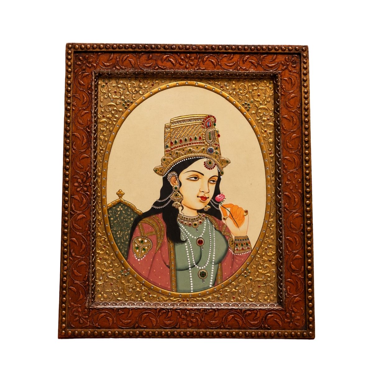 Royal Indian Miniature Portrait of a Woman with Ornate Wooden Frame