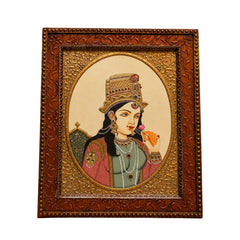 Royal Indian Miniature Portrait of a Woman with Ornate Wooden Frame