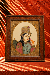 Royal Indian Miniature Portrait of a Woman with Ornate Wooden Frame